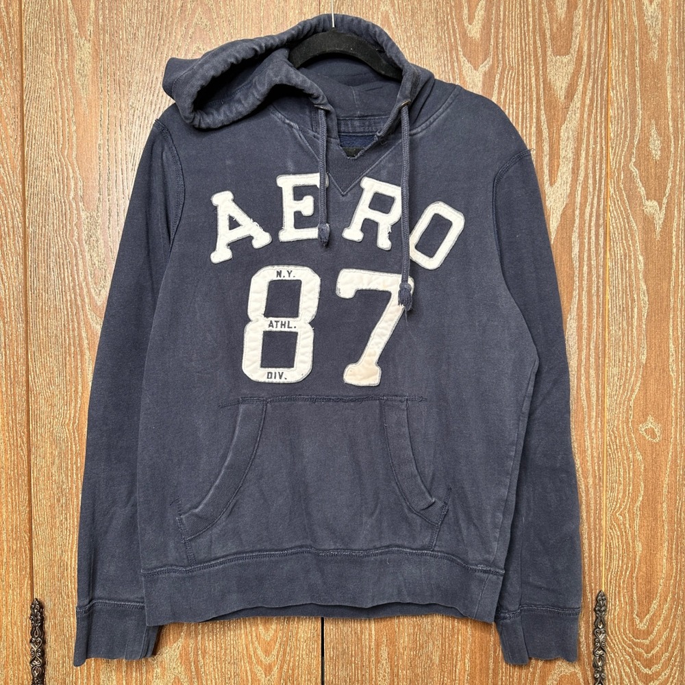 Y2K Aeropostale Mens M Navy Blue Aero 87 Graphic Pullover Hoodie Sweatshirt